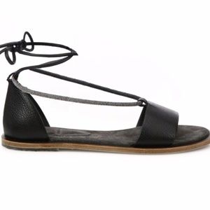 Brunello Cucinelli Monili-Trim Leather Ankle-Wrap Sandals Black Size 38